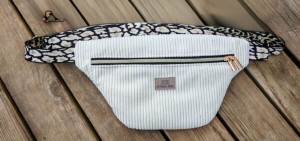 Sac banane — Velours écru & sangle léopard