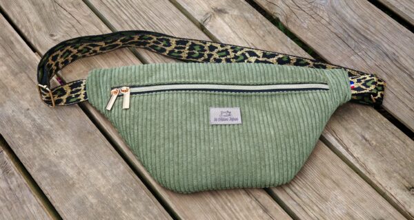 Sac banane — Velours kaki & sangle léopard