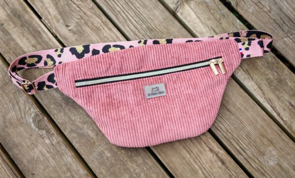 Sac banane — Velours vieux rose & sangle léopard