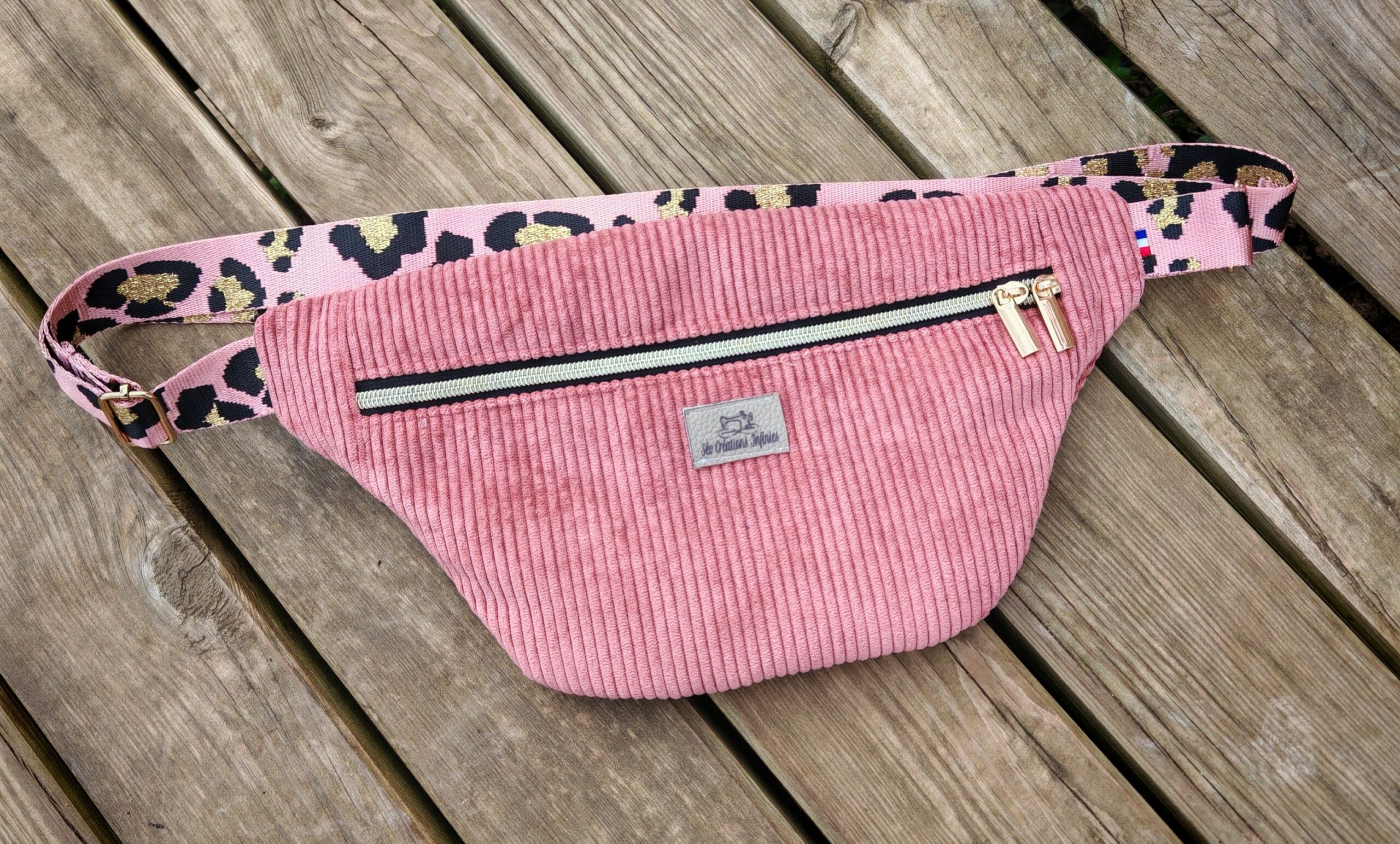 Sac banane — Velours vieux rose & sangle léopard