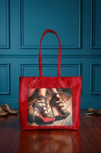 Sac cabas — Simili reptile rouge & doublure léopard